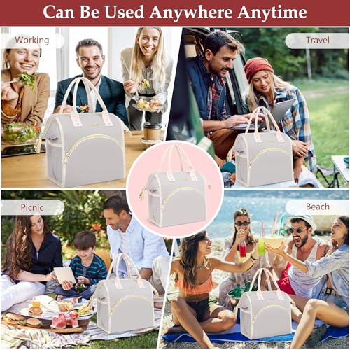 LOKASS Lunch Bag Women Insulated Lunch Box Wide-Open Lunch Tote Bag Large Cooler Bag for Work Picnic Hiking Beach（Light Gray） - color: Cream Gray