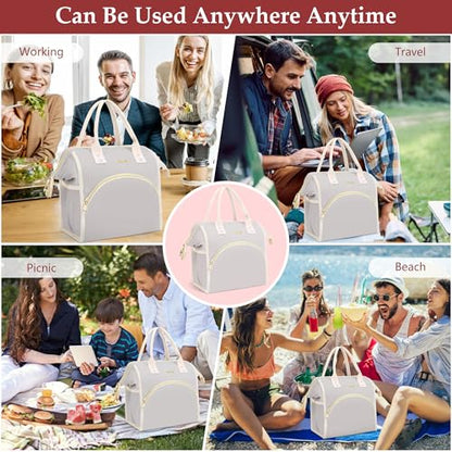 LOKASS Lunch Bag Women Insulated Lunch Box Wide-Open Lunch Tote Bag Large Cooler Bag for Work Picnic Hiking Beach（Light Gray） - color: Cream Gray