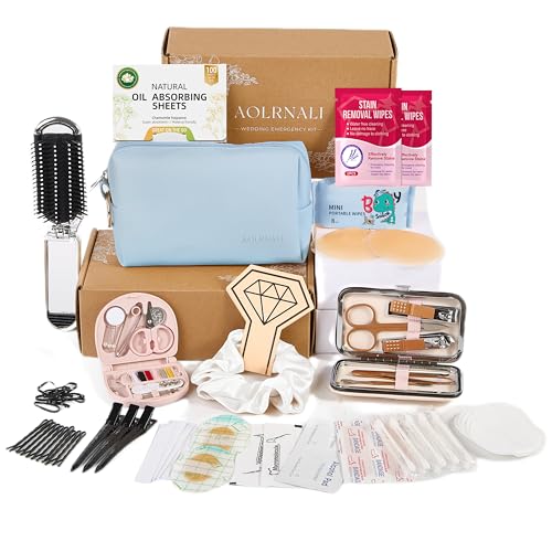 Bridal Emergency Kit for Wedding Day, Wedding Essentials Survival Set for Team Bride, Must-Have 30+ Essentials Travel Kit with Makeup Bag - color: Blue