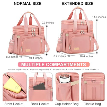 MAPLELILY Lunch Box for Men Women - Double Deck Insulated Lunch Bag, Large Leak Proof Tote Cooler, Wide Open Dual Compartment Lunch Bags with Shoulder Strap, For Work Picnic Hiking Beach, Pink - color: Pink
