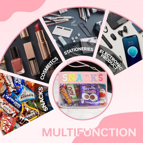 Clear Zipper Pouch for Travel Snacks Bag Nylon Clear Cosmetic Bag Makeup Travel Bag for Women with Glitter Patch Letters (Pink-Snacks) - color: FS-SNACKS