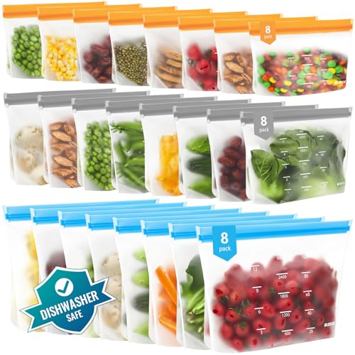 Dishwasher Safe Reusable Storage Bags Stand Up - BPA Free Reusable Sandwich Bags - Leakproof Gallon Freezer Bags for Marinate Meats, Salad Fruit - Multicolor 8 Large+ 8 Sandwich + 8 Snack Bags - color: Multicolor (8 Gallon + 8 Sandwich + 8 Snack )