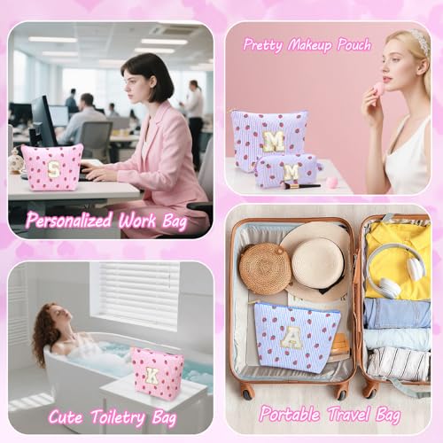 Personalized Initial Makeup Bag,Strawberry Print Preppy Cosmetic Toiletry Travel Bag,Trendy Letter Makeup Pouch for Teen Girls and Women,Holiday & Birthday Gift,2 Pack (E, Pink Strawberry) - style: E