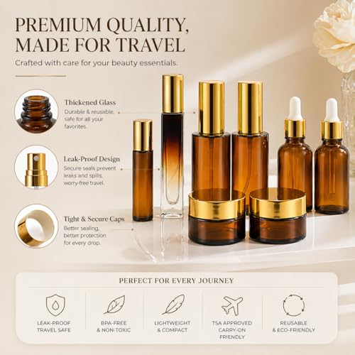 18Pack Avoid Light Glass Travel Bottles for Toiletries, TSA Approved Travel Skincare Containers with Label, BPA Free Leak Proof,Golden-Brown - color: Golden-brown glass