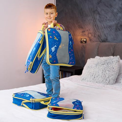 Kids Packing Cubes Compression, Luggage Packing Organization Cubes 4 Pack, Blue, 1 Small, 2 Medium, 1 Large, ocean blue - color: Underwater Sea World