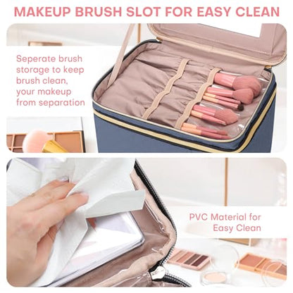 HXLGMD Large Makeup Bag with Mirror Double Layer Travel Make Up Organizer Case, Large Capacity Coemetic with Brush Slot Divider, Travel Toiletry Bag for Women (Aegean Blue) - color: Aegean Blue