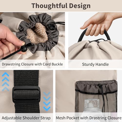 150L Laundry Bag Backpack with 3 Sizes Mesh Wash Bags and Shoulder Straps Foldable Clothes Hamper Bag with Drawstring Closure for College, Apartment, Laundromat(Beige) - color: Beige