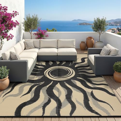 Garvee Outdoor Rug 6x9 Waterproof Patio Rugs with Boho Sun Pattern, Reversible Plastic Straw Camping Rugs Outdoor Indoor RV Mat Carpet for Deck, Backyard, Picnic, Porch, Balcony, Beach, Black - color: Black, size: 6' x 9' (Rectangular)