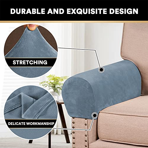 PrinceDeco 2 Pack Thick Velvet Stretch Armrest Covers for Chairs and Sofas - Non Slip, Stone Blue - color: Stone Blue