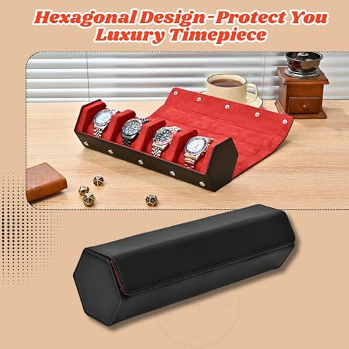 Leather Watch Roll for 4 Watches - Velvet-Lined Travel Case, Luxury Watch Rolls Organizer with Storage & Display for Men (4 Slot-Black/Red) - color: 4 Slot-Black/Red