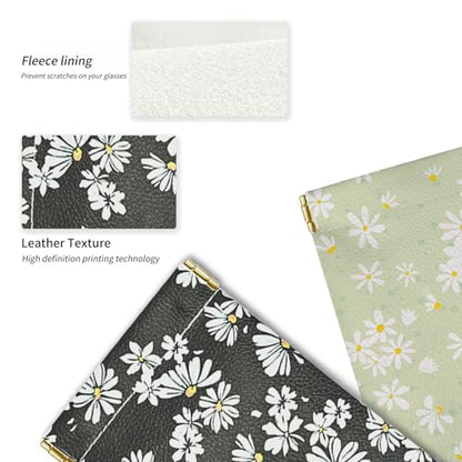 Glasses Case Soft, Eyeglass Cases for Women Portable Squeeze Top PU Leather 2 Pack Glasses Pouch with Cleaning Cloth - color: 2pcs Black Daisy+green Daisy