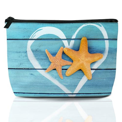 Beach Starfish Cosmetic Bag Coastal Blue Wooden Makeup Bags,Travel Make up Bags for Women Girls Cute Zipper Pouch Toiletry Organizer Bag Travel Essentials - color: Beach Starfish