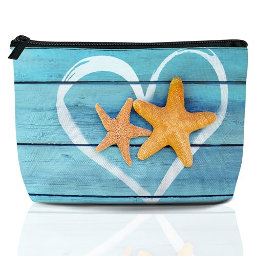Beach Starfish Cosmetic Bag Coastal Blue Wooden Makeup Bags,Travel Make up Bags for Women Girls Cute Zipper Pouch Toiletry Organizer Bag Travel Essentials - color: Beach Starfish