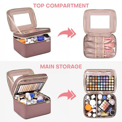 HXLGMD Large Makeup Bag with Mirror Double Layer Travel Make Up Organizer Case, Large Capacity Coemetic Bag with Brush Slot Divider - color: Rosewood