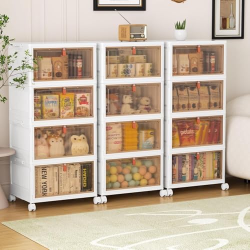 YFXCVSL 4 Tier Plastic Storage Bins with Lid 28QT - Stackable Storage Containers with Wheels, Folding Storage Boxes, Collapsible Storage Bins, Closet Organizers and Storage - size: 4-Tier 28QT