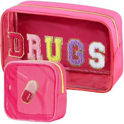 BuyCard 2 Pcs Chenille Letter Drugs Clear Makeup Meds Bag, Nylon & PVC Transparent Cosmetic Bag, Preppy Patch Drug Bag, Toiletry Storage for Women Girls, Rose Red - color: DRUGS-Rose Red, style: 2 Pcs-clear