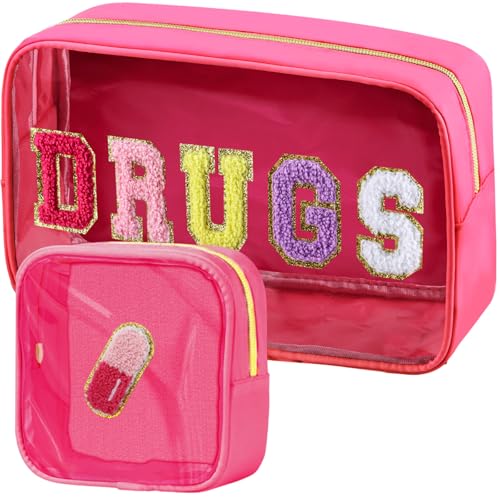 BuyCard 2 Pcs Chenille Letter Drugs Clear Makeup Meds Bag, Nylon & PVC Transparent Cosmetic Bag, Preppy Patch Drug Bag, Toiletry Storage for Women Girls, Rose Red - color: DRUGS-Rose Red, style: 2 Pcs-clear