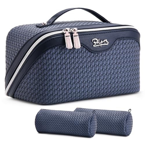 BOYATU Travel Makeup Bags for Women: Large Capacity Make up Bag with Wide Opening - 3 Pcs Set Waterproof Travel Toiletry Organizer for Full-Sized Bottles, Cosmetics & Brushes (Blue-W) - color: 03-A-Blue