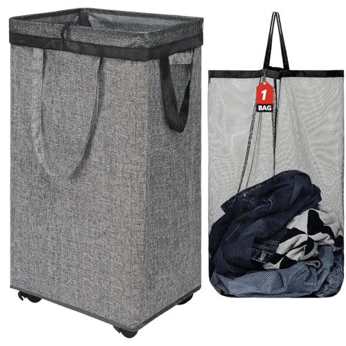 DOKEHOM 90L X-Large Laundry Basket with Removable Wash Bag on Wheels, Collapsible Rolling Laundry Hamper, Foldable Clothes Organizer, Folding Washing Bin (Linen Grey) - color: Linen Grey, size: X-Large Pro 29"