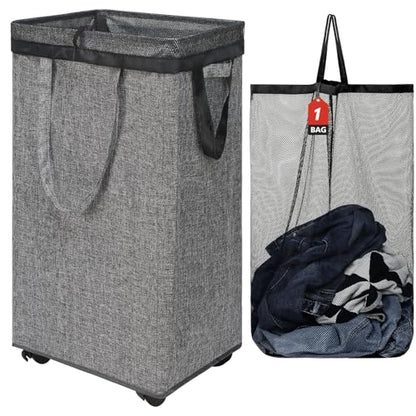 DOKEHOM 90L X-Large Laundry Basket with Removable Wash Bag on Wheels, Collapsible Rolling Laundry Hamper, Foldable Clothes Organizer, Folding Washing Bin (Linen Grey) - color: Linen Grey, size: X-Large Pro 29"
