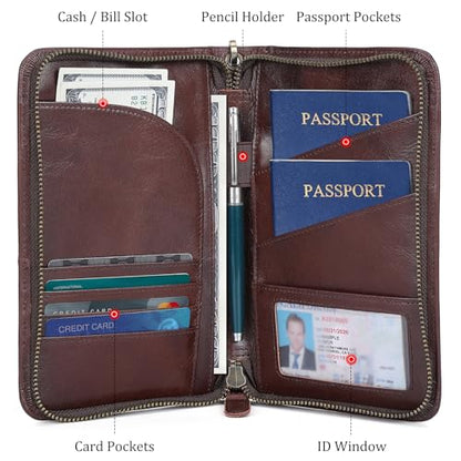 Polare Full Grain Leather Passport Holder With YKK Zipper RFID Blocking Travel Document Organizer Ticket Holder Cover Case Holds 2 Passports (Coffee) - color: Coffee
