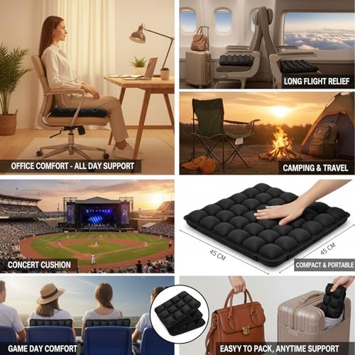 1Pcs Seat Cushion, Travel Cushion Airplane Seat - Inflatable Airplane Seat Cushion for Travel.Suitable for Long Distance Sedentary People to Use,Easy to Carry, 3D Inflatable Airbag is Ergonomic - color: Black-42