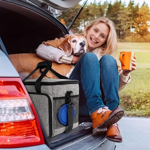 6 Set Dog Travel Bag, Large Pet Travel Kit for Supplies Includes 2 Food Containers, 1 Pet Organizer for Dogs, 2 Collapsible Bowls, 1 Treat Pouch, Dog Weekend Overnight Bag Luggage - color: Grey