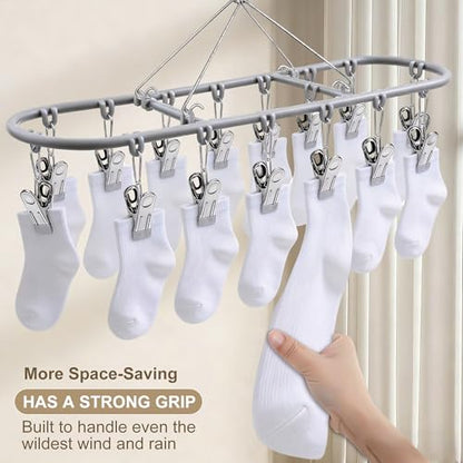 PHYDELU Drying Rack Clothing with 20 Clips，Sock Hanger for Drying，Hanging Clothes Dryer Underwear Hangers Racks Laundry Herb Socks Panty Wet Bra Lingerie Baby Delicates Foldable Small Indoor Metal - color: Dark Gray (20 Clips) (2pcs)