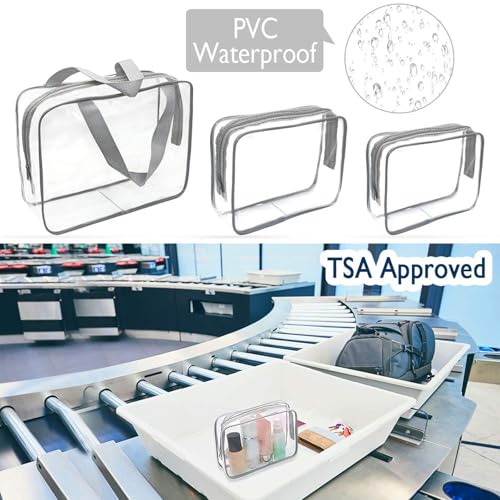 APREUTY Clear Makeup Bags, TSA Approved 6Pcs Cosmetic Makeup Bags Set Clear PVC with Zipper Handle Portable Travel Luggage Pouch Airport Airline Bags Bathroom (Gray) - color: Gray-6PCS (Large+Medium+Small)
