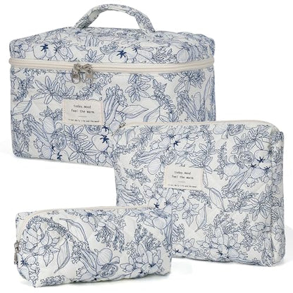 honitty Makeup Bag,Quilted Cosmetic Bags,Large Floral Make Up Organize bag,Makeup Bag Set for Women,Flower Travel Toiletry Bag - color: Blue