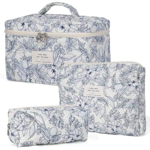 honitty Makeup Bag,Quilted Cosmetic Bags,Large Floral Make Up Organize bag,Makeup Bag Set for Women,Flower Travel Toiletry Bag - color: Blue
