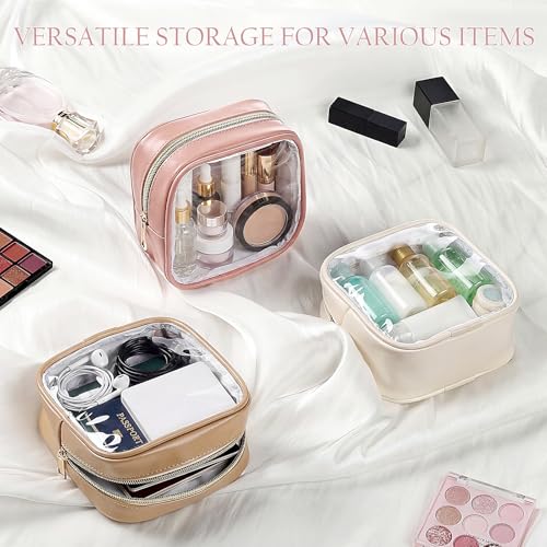Abbylike 3 Pcs Mini Clear Makeup Bag Cosmetic Bags Set Waterproof Transparent Toiletry Bag with Zipper for Women Girls, Gifts for Bridesmaid(Fragrant Powder,Oak Brown,Milky White) - color: Fragrant Powder,Oak Brown,Milky White