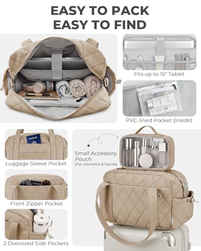 Percover Weekender Bag for Women, Ultra Lightweight Travel Duffle, Carry On Personal Item Overnight Bag with Toiletry Pouch & Compartments, Quilted Gym & Travel Bag, Camel Tan - color: Camel Tan