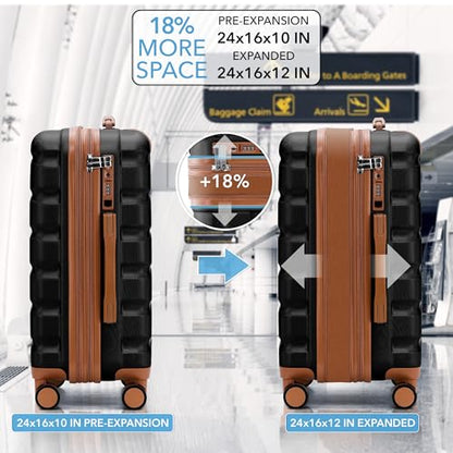Flight Knight 24x16x10 Expandable Carry On Suitcase Hardside TSA Lock USB C Lightweight Luggage Silent Double Spinner Wheels Maximum Overhead Carry-On Bag For Virgin South West Approved Black/Tan - color: Black/Tan, size: 24x16x10"