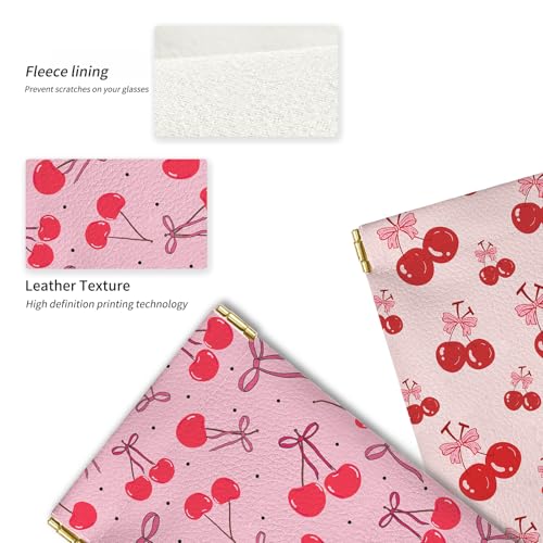 Glasses Case Soft, Eyeglass Cases for Women Portable Squeeze Top PU Leather 2 Pack Glasses Pouch with Cleaning Cloth - color: 2pcs Cherry Bow