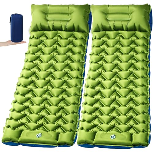 2 Pack Thick Camping Sleeping Pad with Foot Pump & Pillow, 4-Inch Inflatable Sleeping Mat for Side Sleepers, Stays Firm Overnight, Ultralight for Backpacking, Music Festivals & Car Camping - color: Green/Blue + Green/Blue