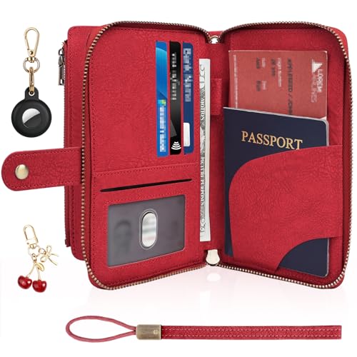 RFID Blocking Passport Wallet, Anti Theft PU Texture Passport Pouch with Tracker Case, Travel Document Organizer Zipper Wallet with Wrist Strap & Keychain, Gifts for Women and Men (Red) - color: Texture-Red