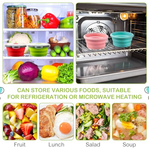 Suclain 4 Pcs Collapsible Bowls with Lids Silicone Camping Food Storage Container Expandable Folding Salad Lunch Box Travel Container for Hiking Camping - color: Red, Pink, Blue, Green