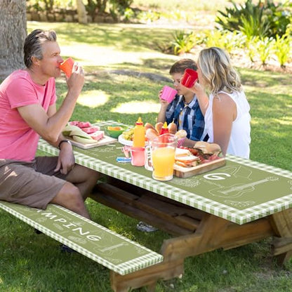 Picnic Table Cover with Bench Covers Elastic Edges, Green Camper Fitted Table Cover, Outdoor Patio Camping Essentials 72 Inch 3PCS, Waterproof Camping Fitted Tablecloth with Drawstring Bag - color: Green, size: 72in
