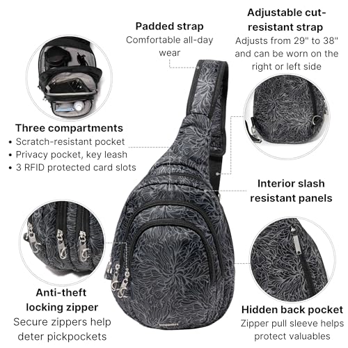 Baggallini Securtex® Anti-Theft Multi Zip Sling - Lightweight 8.6"x15.2" Travel Bag with Locking Zippers & RFID Protection - color: Midnight Blossom