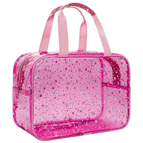 Clear Red Star Large Makeup Bag with Star Pattern 12x5x8 inch, Travel Cosmetic Bag with Handle, Durable PVC Material Washbag Zipper Opening Design for Makeup Travel Organizer or Gym Use - color: Red, style: Star