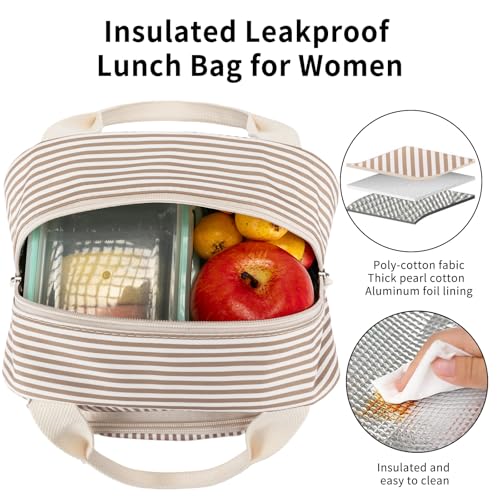 Lunch Bag Women Lunch Box for Women Adult Cute Insulated Lunch Bag Small Cooler Lunch Tote Bags for Work Picnic Travel (Brown Stripes) - color: Brown Stripes