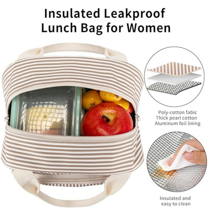 Lunch Bag Women Lunch Box for Women Adult Cute Insulated Lunch Bag Small Cooler Lunch Tote Bags for Work Picnic Travel (Brown Stripes) - color: Brown Stripes