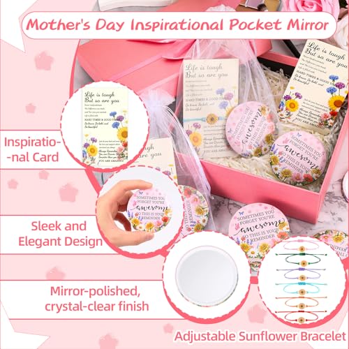 24 Sets Mothers Day Bulk Gifts - Inspirational Compact Mirror with Sunflower Bracelet Cards Mini Pocket Mirror for Appreciation Volunteer Admin Employee Teacher Nurse