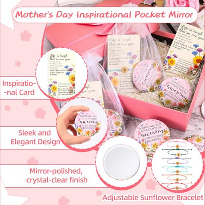 24 Sets Mothers Day Bulk Gifts - Inspirational Compact Mirror with Sunflower Bracelet Cards Mini Pocket Mirror for Appreciation Volunteer Admin Employee Teacher Nurse