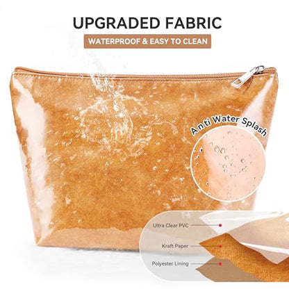 WLLWOO PVC Waterproof Makeup Bag Kraft Paper Cosmetic Bag Travel Toiletry Zipper Pouch Organizer for Women Purse - color: PVC-Brown