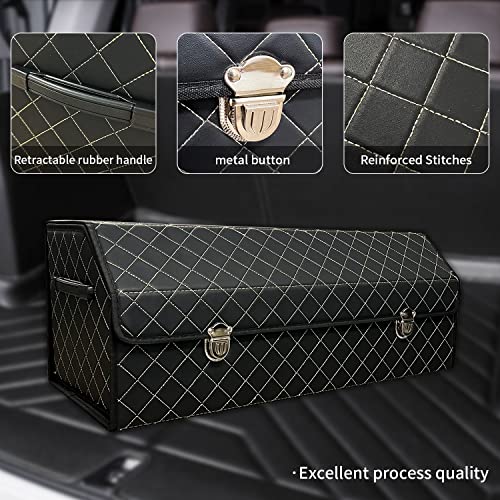 Car Trunk Organizer with Lid,Foldable Faux Leather Cargo Storage Box,3 Compartments,Collapsible Multi-Functional for SUV,Sedan,Vehicle Trunk - color: Black Grid, size: Large
