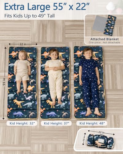 Primlect Thickened Toddler Nap Mat with Removable Pillow and Minky Blanket, Extra Large 55''x35'' Sleeping Bag, Washable, Roll up, Perfect for Daycare, Preschool, Kindergarten, Boys and Girls Dinosaur - color: Dinosaur Upgraded