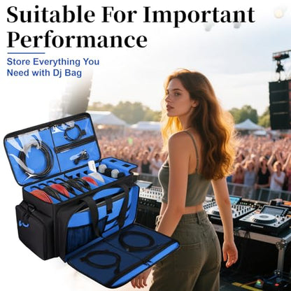 Large Dj Cable Bag with Laptop and Microphone Pocket, Dj Bag for Equipment and Music Accessories with Detachable Dividers, Bottom Pad, Dj Gig Bags for Musicians, Professional, Travel, Blue - color: Blue, style: Dj Cable Bag