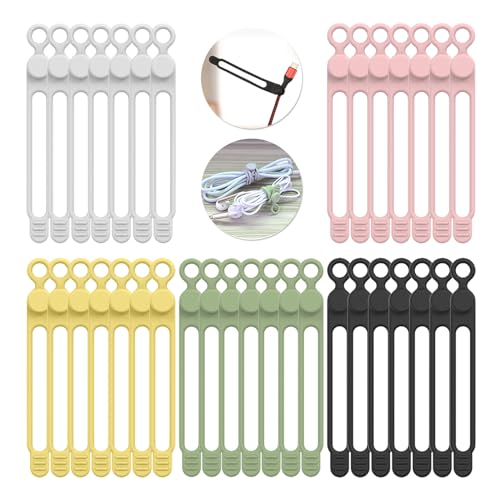 UMUST 35pcs Silicone Cable Ties,Reusable Cable Management Organizer, Wire Ties，Travel Cord Ties，Cord Organizer for Bundling Cable Cords in Home,Office,Kitchen,School(5 Colors) - color: 35pcs-[pink,green, Yellow,black,white], size: 4.2Inch